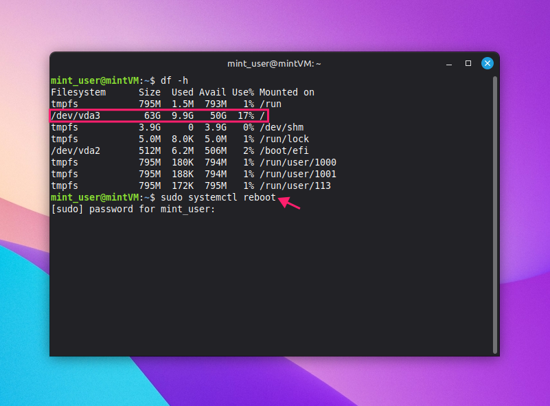 Check disk space on Linux