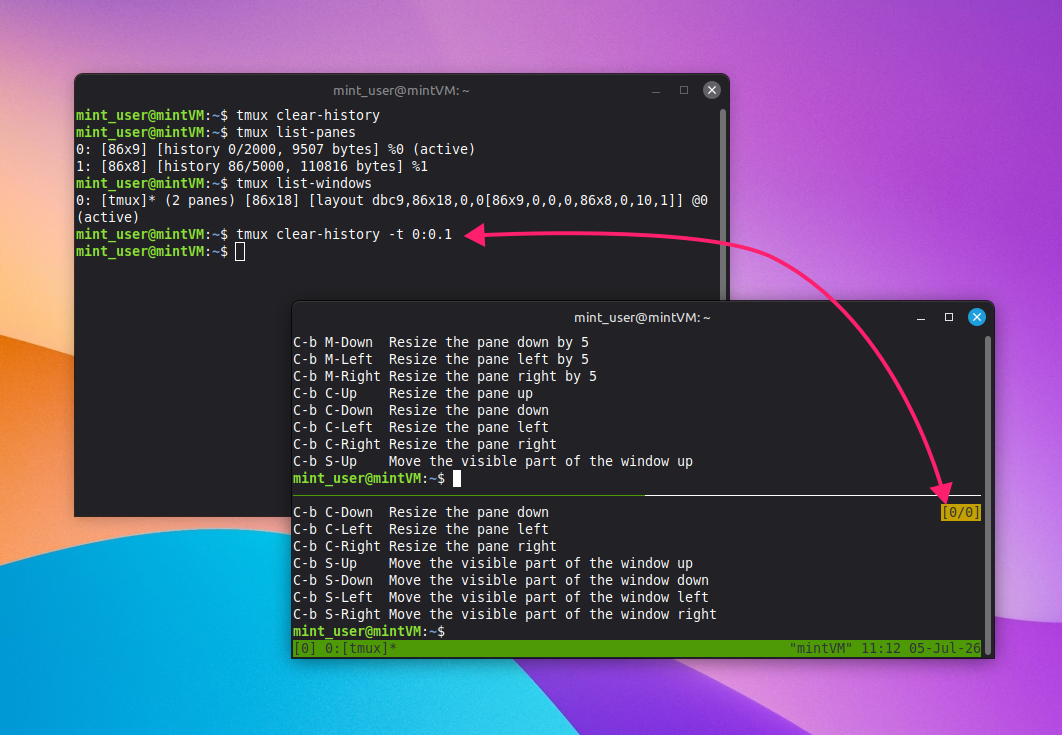 Clear history from specific tmux pane Clear history from specific tmux pane