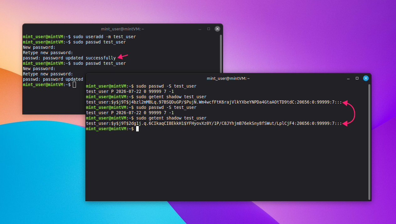 Confirm password status and hash
