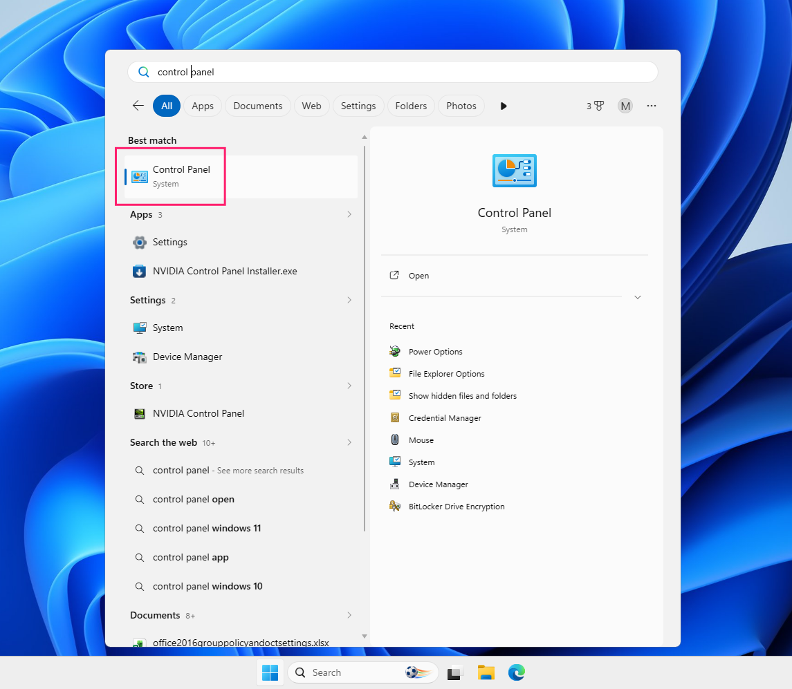Control Panel from start menu