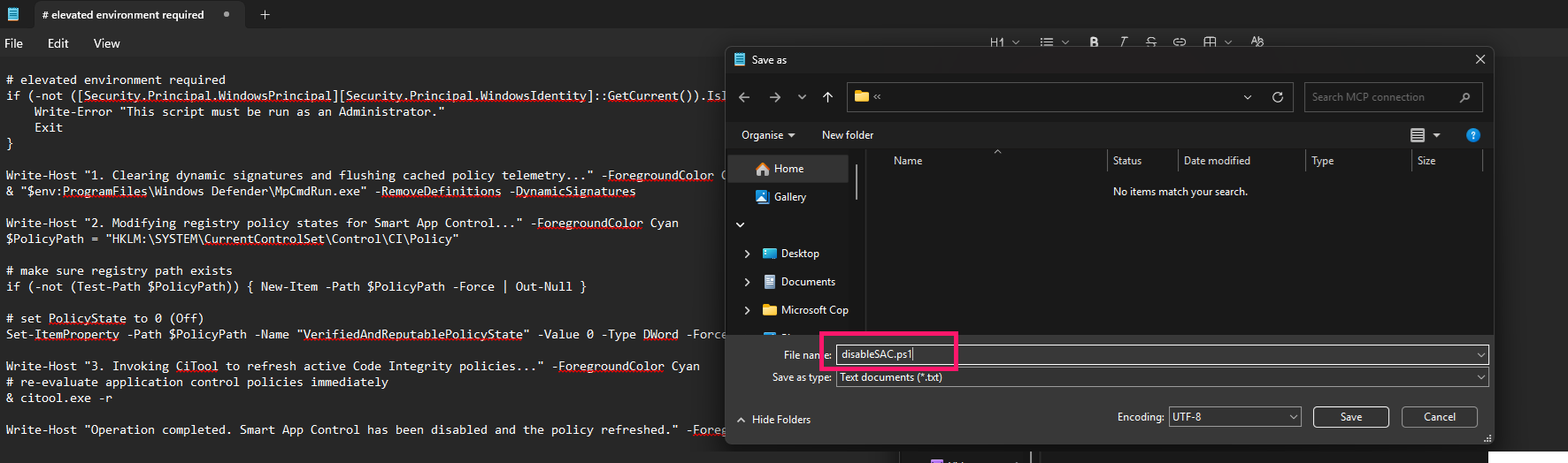 Create PowerShell script to disable SAC Create PowerShell script to disable SAC