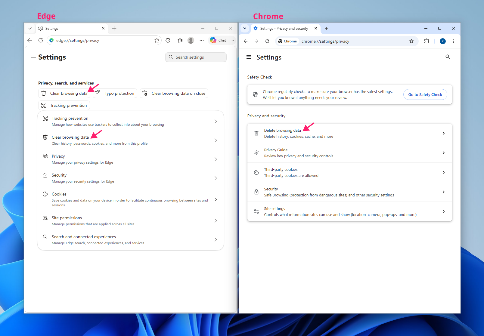 Delete browsing data in Chrome and Edge Delete browsing data in Chrome and Edge