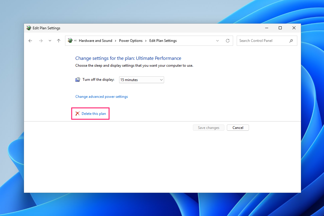 Delete power plan in Control Panel