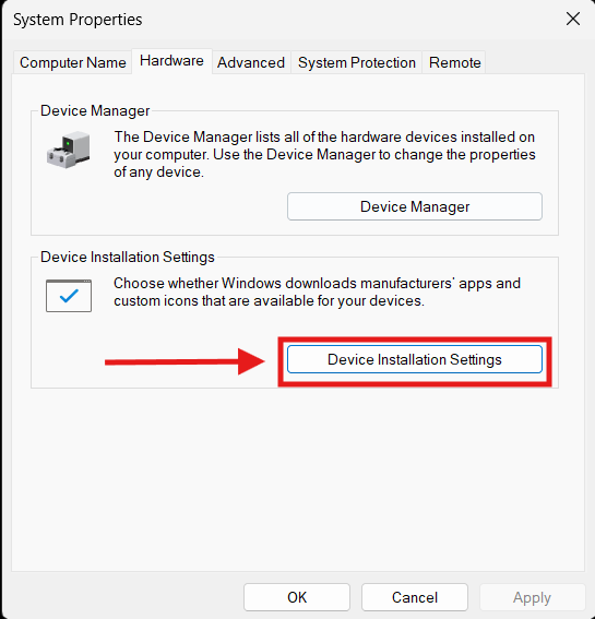 Device installation settings Device installation settings