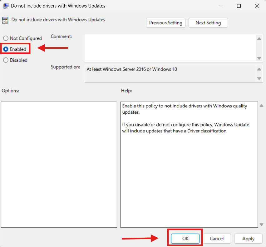 Enable do not include drivers with Windows Updates policy Enable do not include drivers with Windows Updates policy