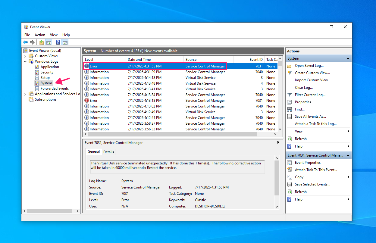 Event Viewer errors for Virtual Disk service Event Viewer errors for Virtual Disk service