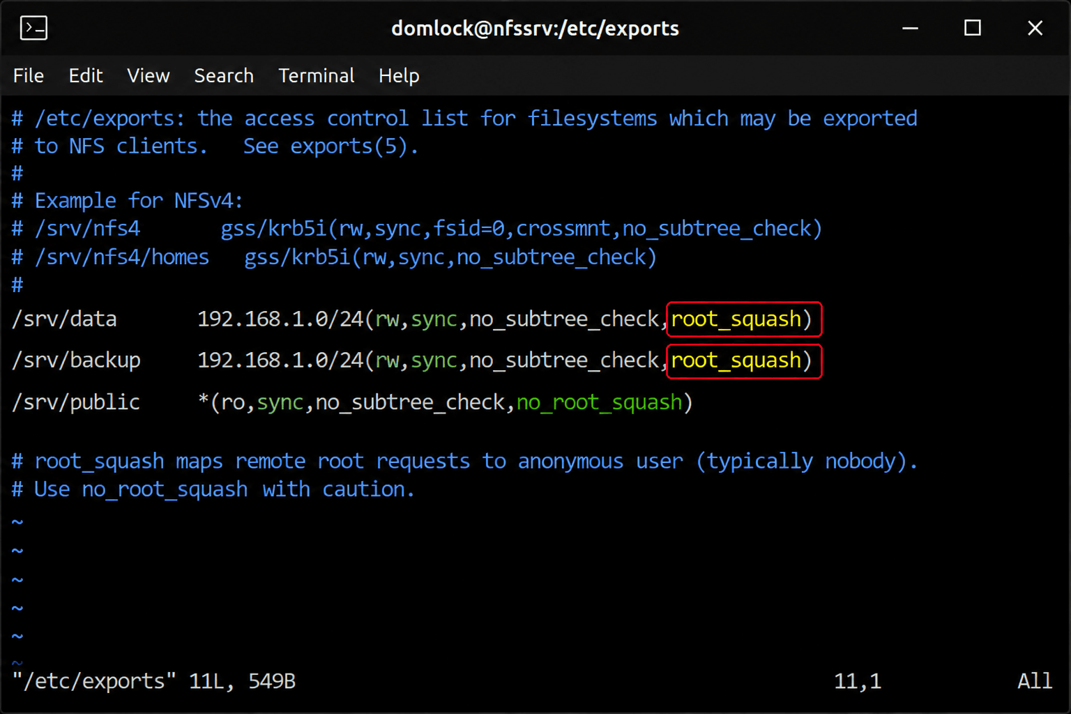 Export configuration showing root squash Export configuration showing root squash