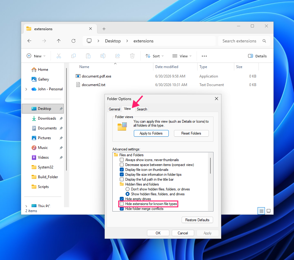 Hide extensions for known file types checkbox Hide extensions for known file types checkbox