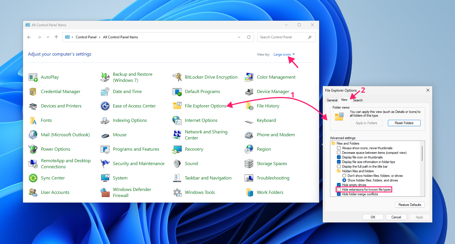 Open File Explorer Options from control panel Large icons window Open File Explorer Options from control panel Large icons window