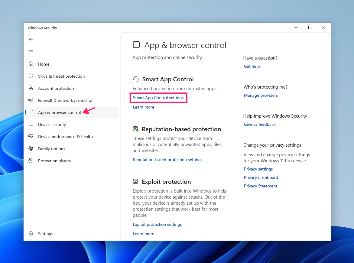 Open Smart App Control settings Open Smart App Control settings