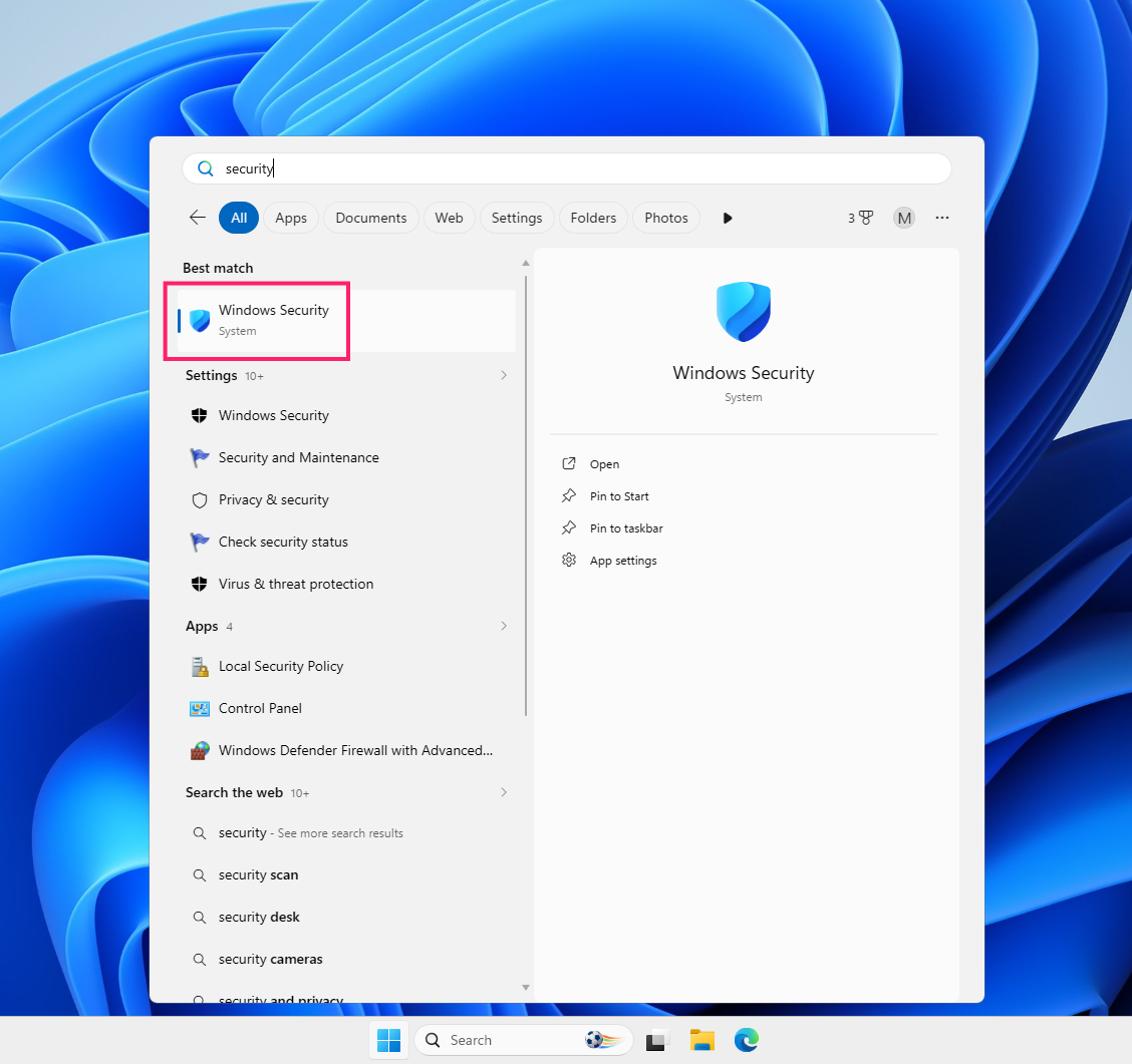 Open Windows Security from Start menu Open Windows Security from Start menu
