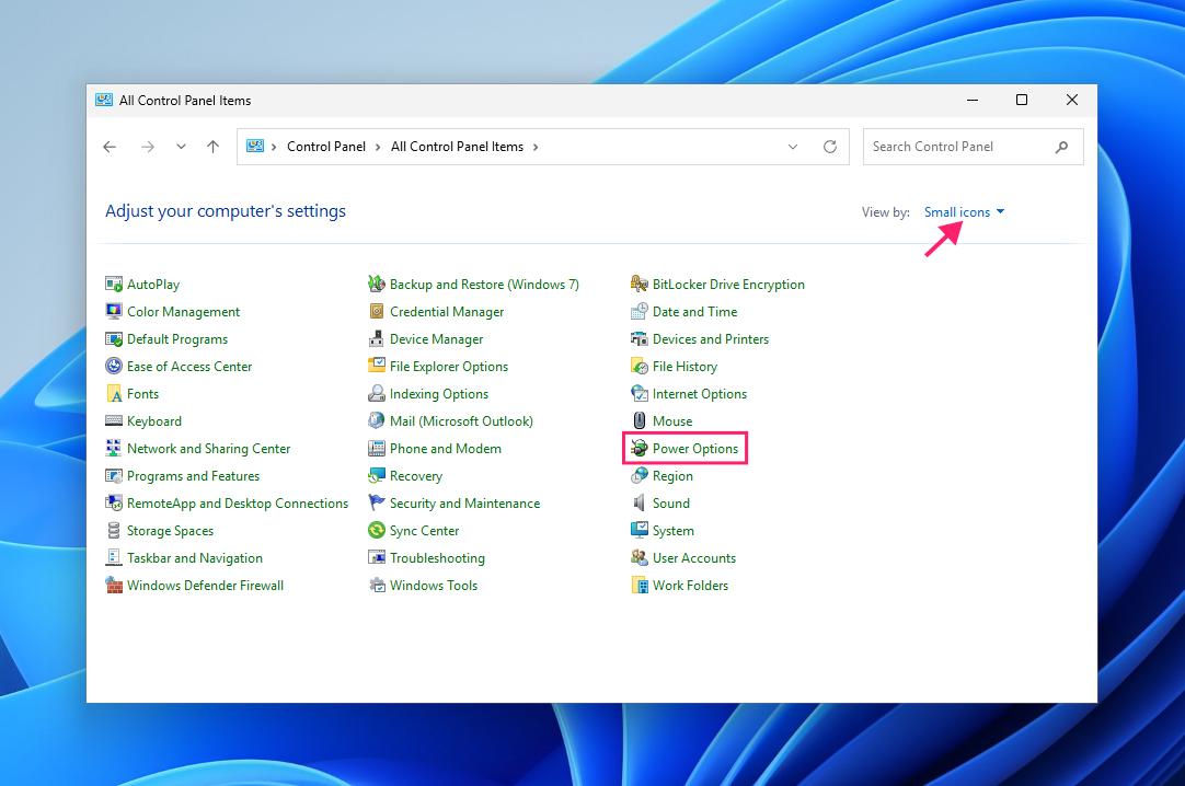 Power options in icons view