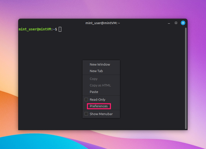 Preferences menu in GNOME terminal Preferences menu in GNOME terminal