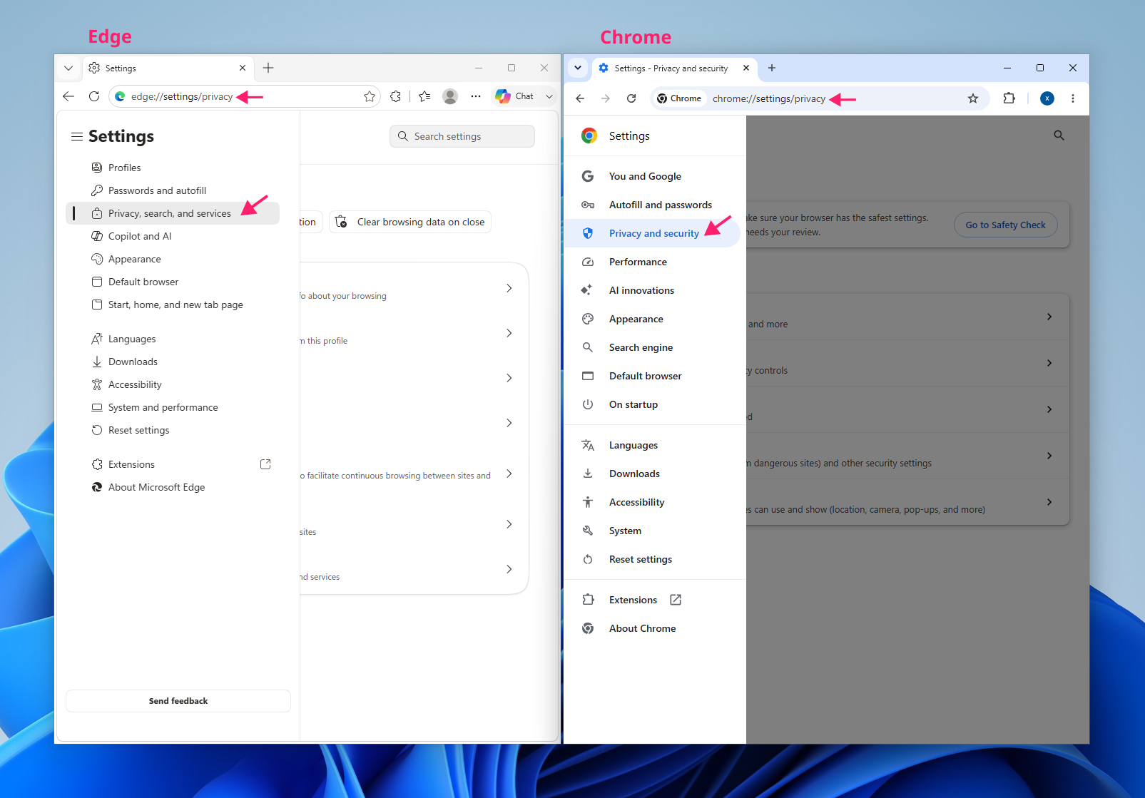 Privacy settings in Chrome and Edge Privacy settings in Chrome and Edge