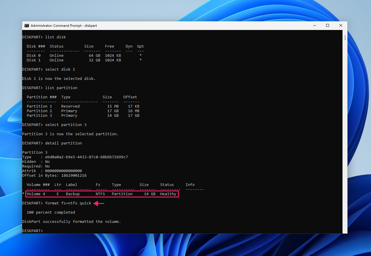 Reformat existing partition command Reformat existing partition command