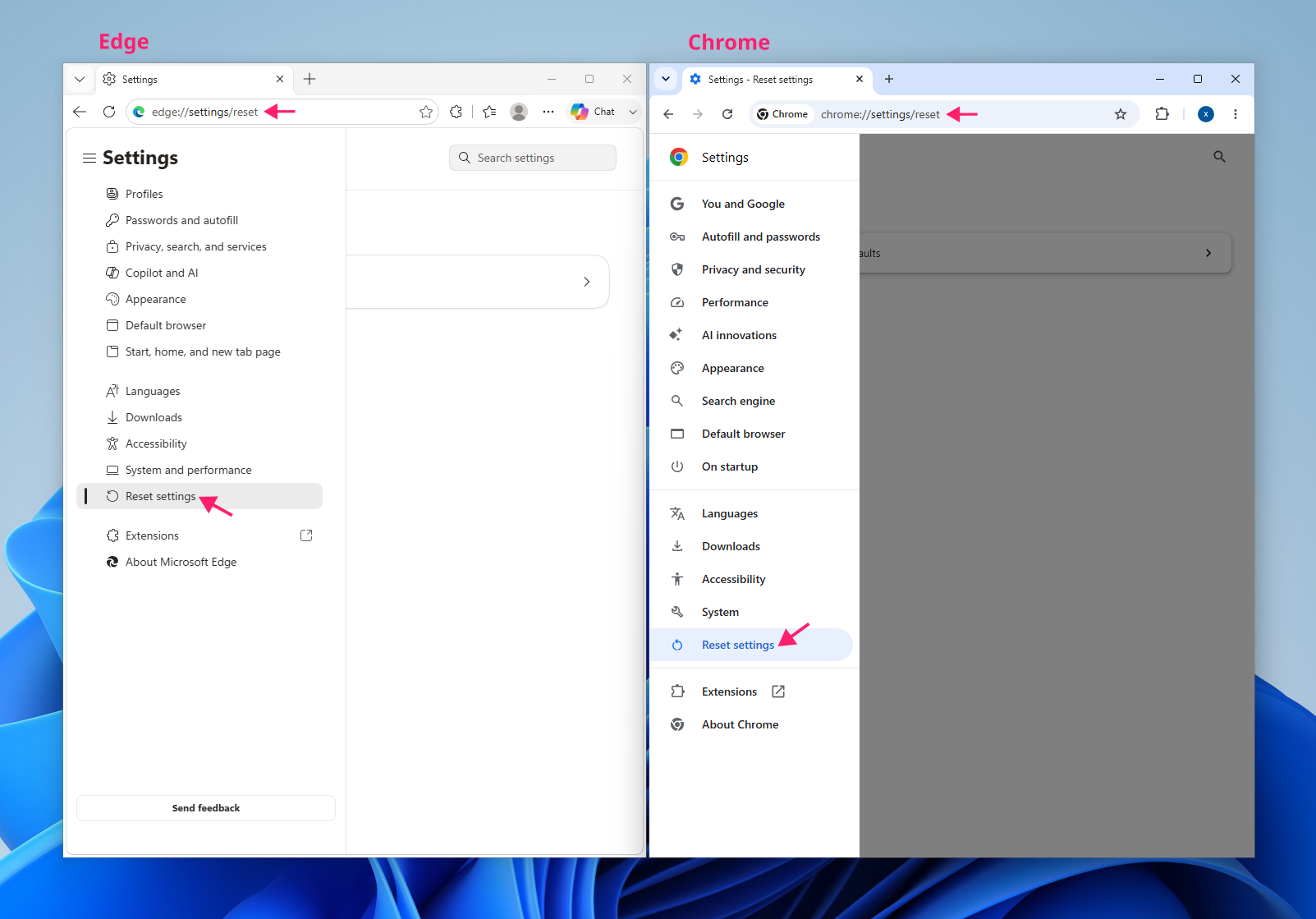Reset Chrome and Edge settings Reset Chrome and Edge settings