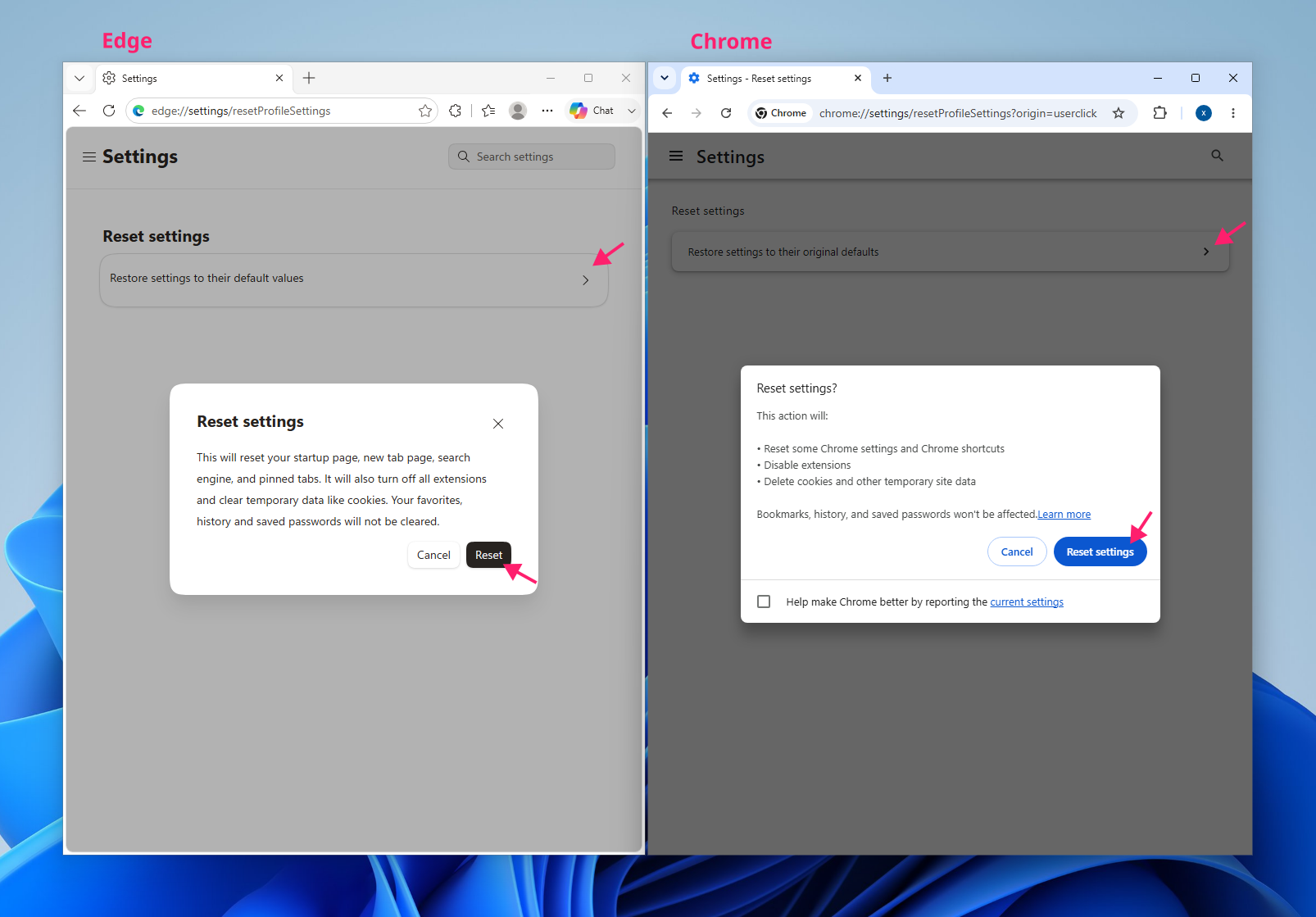 Reset settings to their default values Reset settings to their default values