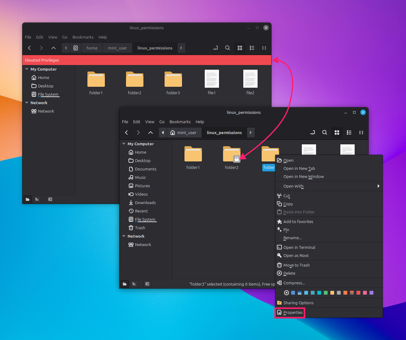 Right click properties in file manager Right click properties in file manager