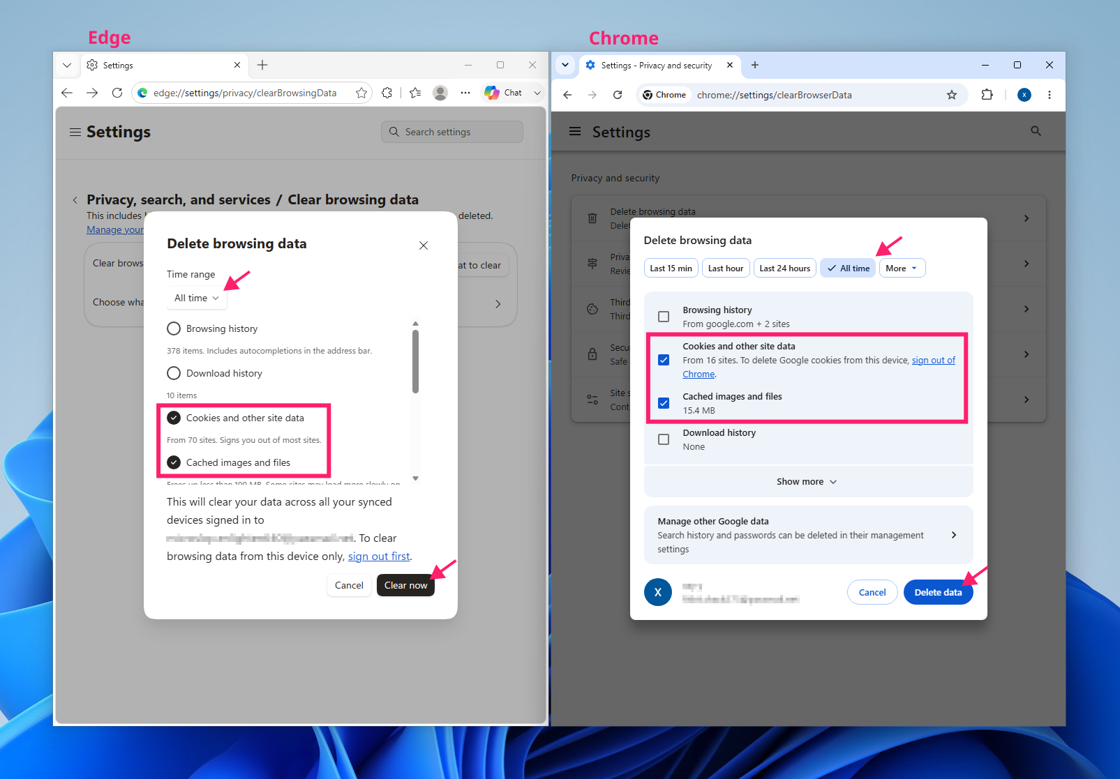 Select cached data to delete on Chrome and Edge Select cached data to delete on Chrome and Edge
