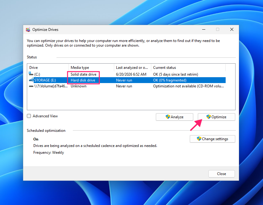 Select drives to optimize Select drives to optimize