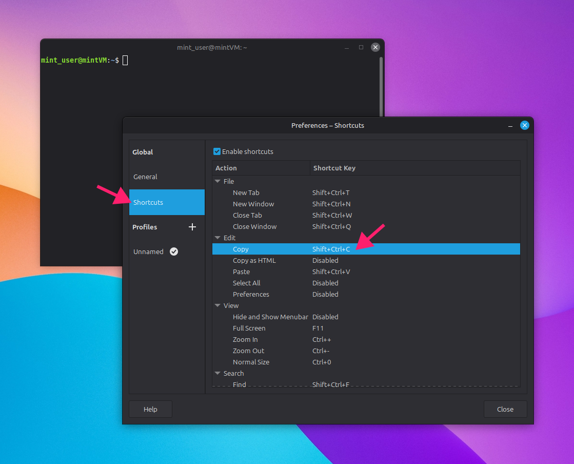 Shortcuts tab in GNOME terminal Shortcuts tab in GNOME terminal