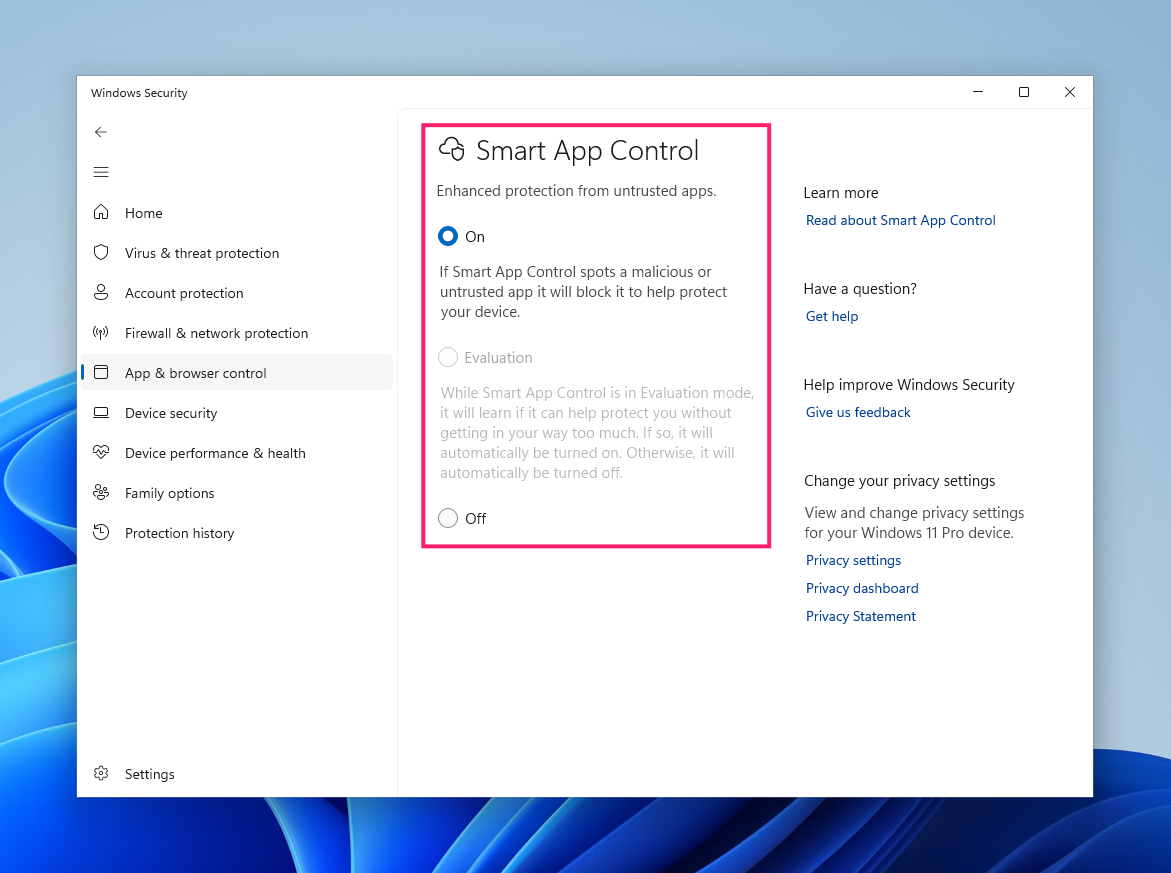 Smart App Control on or off Smart App Control on or off