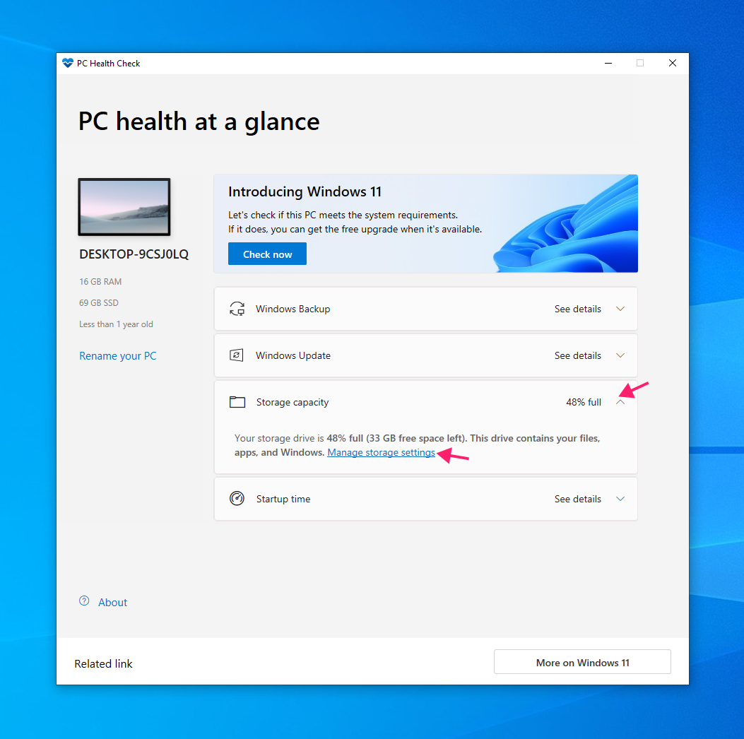 Storage capacity section in PC Health Check app Storage capacity section in PC Health Check app