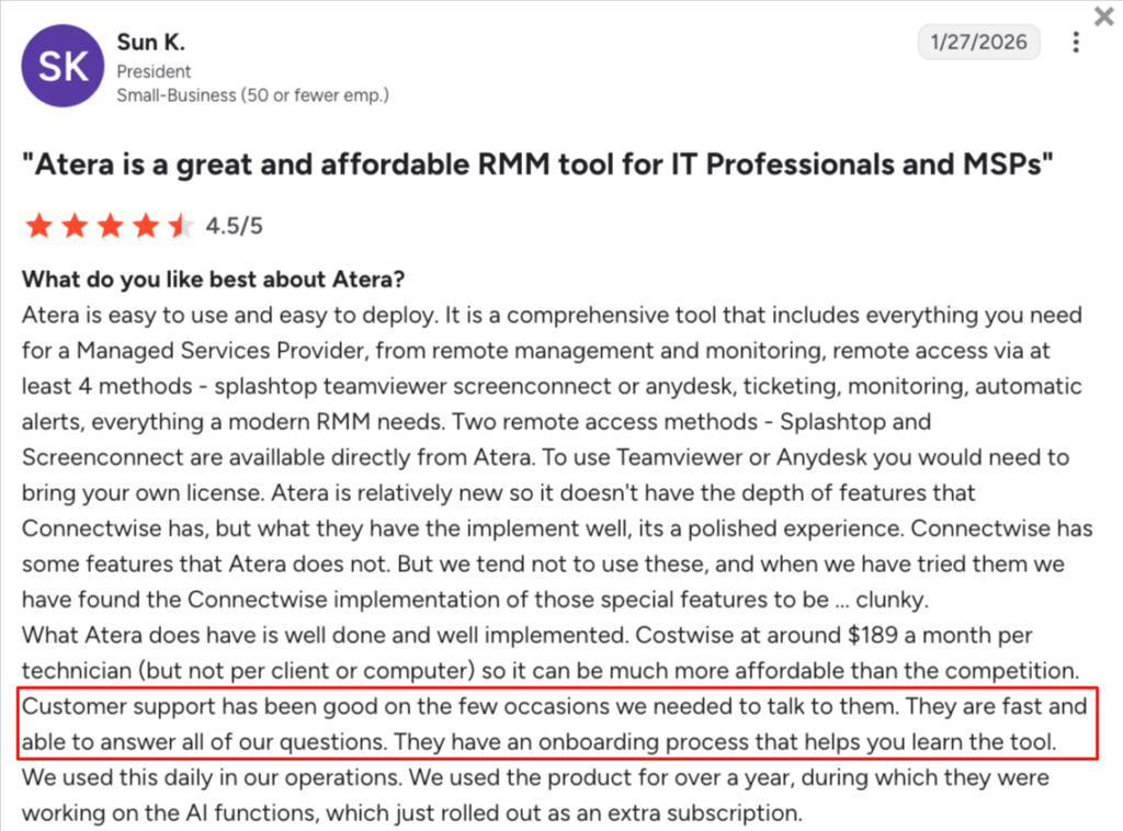 Sun K. described her experience with Atera’s support