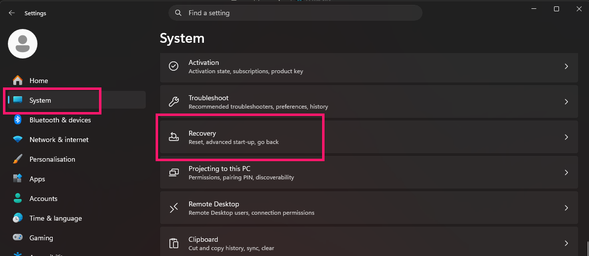 System Recovery settings in Windows System Recovery settings in Windows