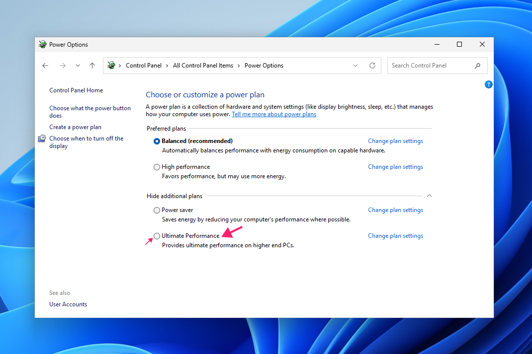 Ultimate performance in Control Panel