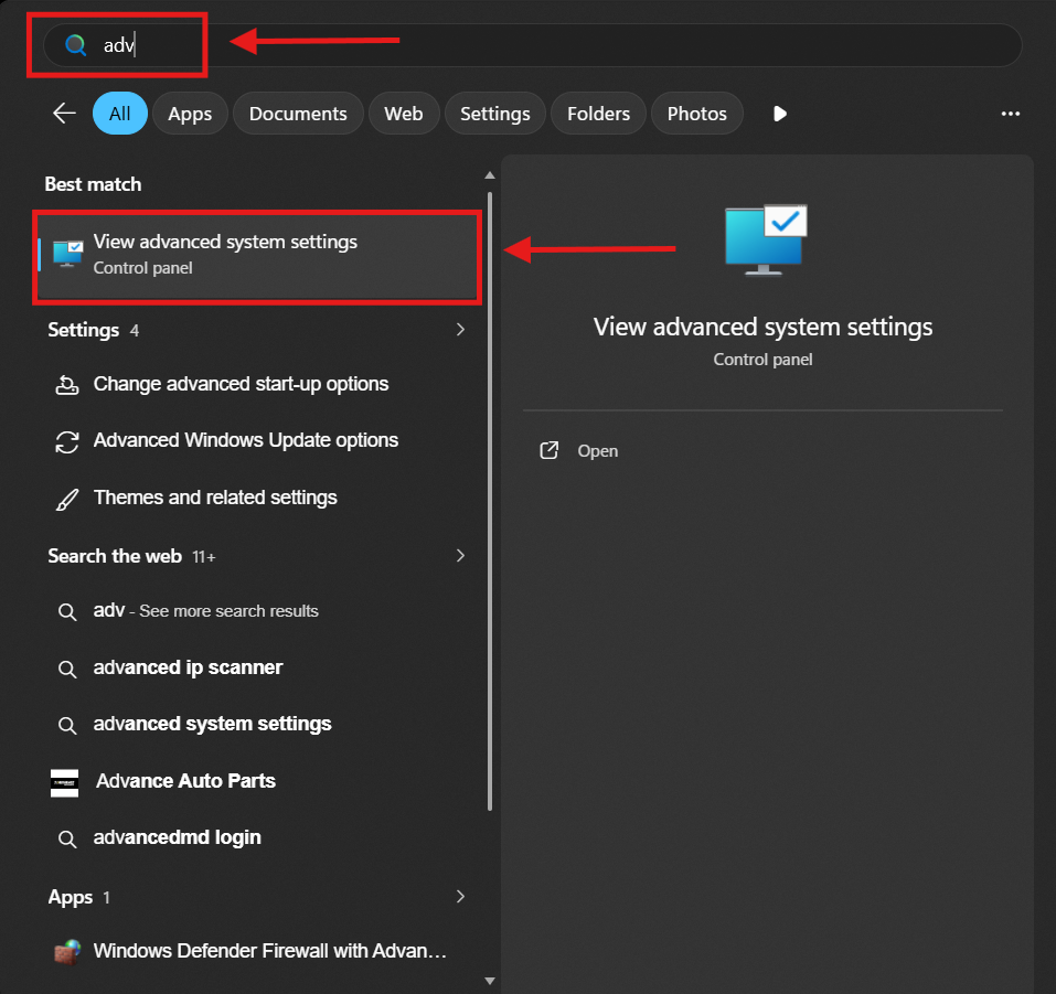 View advanced system settings View advanced system settings