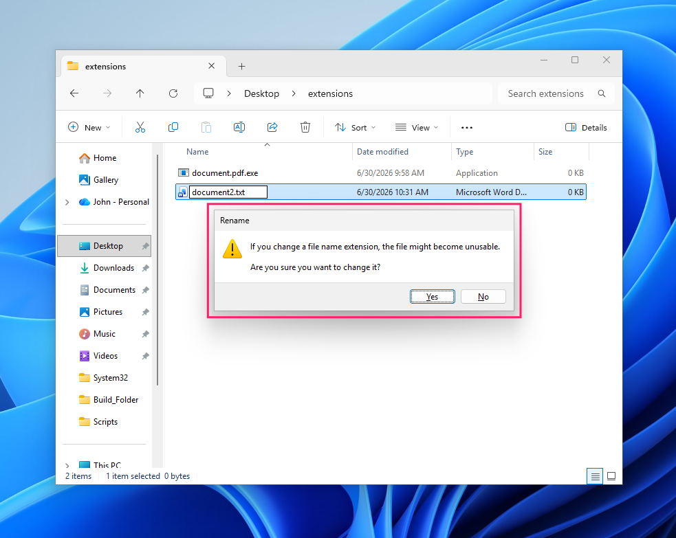 Warning for renaming file extension Warning for renaming file extension