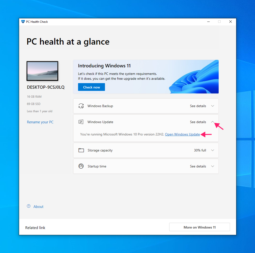 Windows Update section of PC Health Check app Windows Update section of PC Health Check app