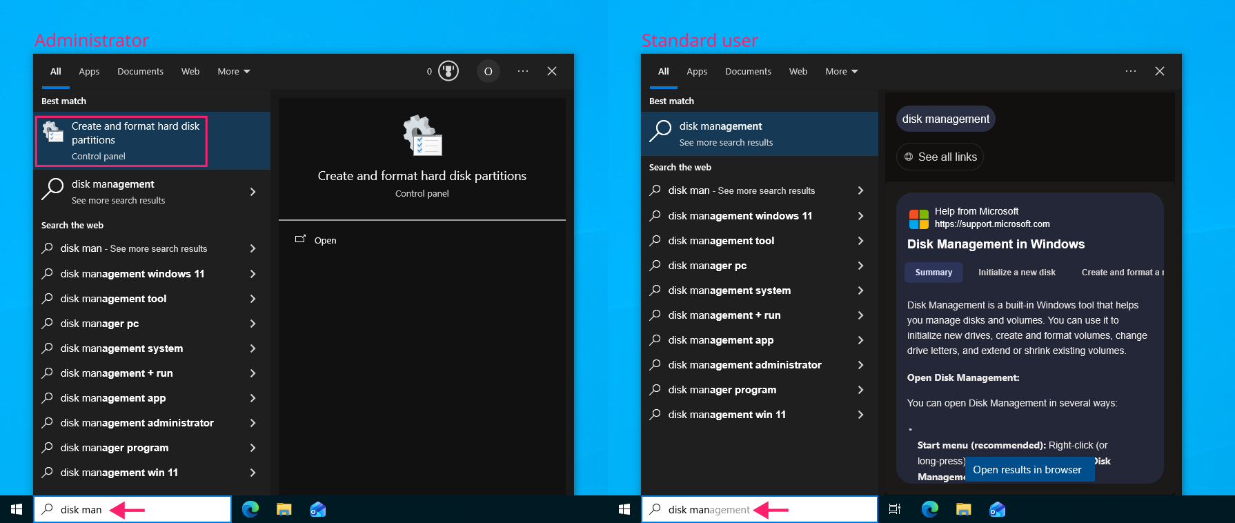 Windows search for Disk Management Windows search for Disk Management