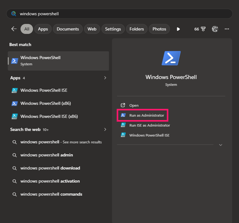 runasadmin a screenshot of the windows powershell menu
