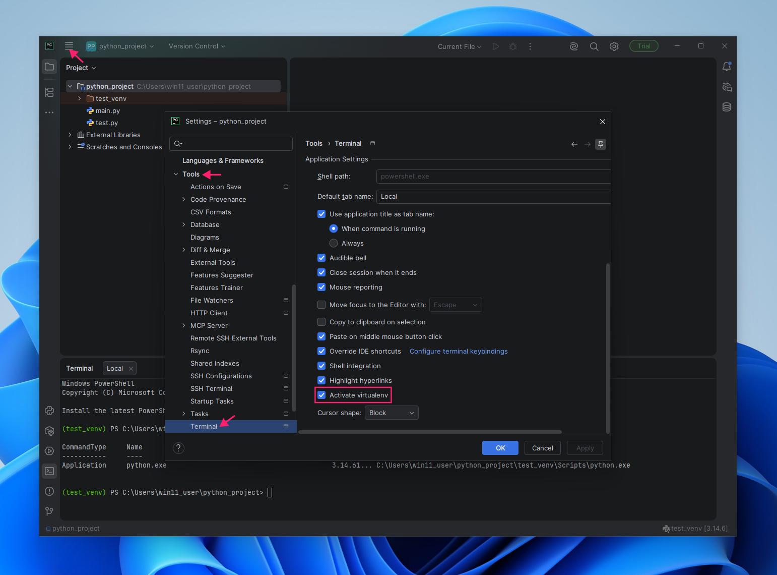 Activate virtualenv in PyCharm