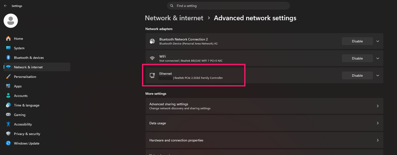 Advanced network settings on Windows Advanced network settings on Windows