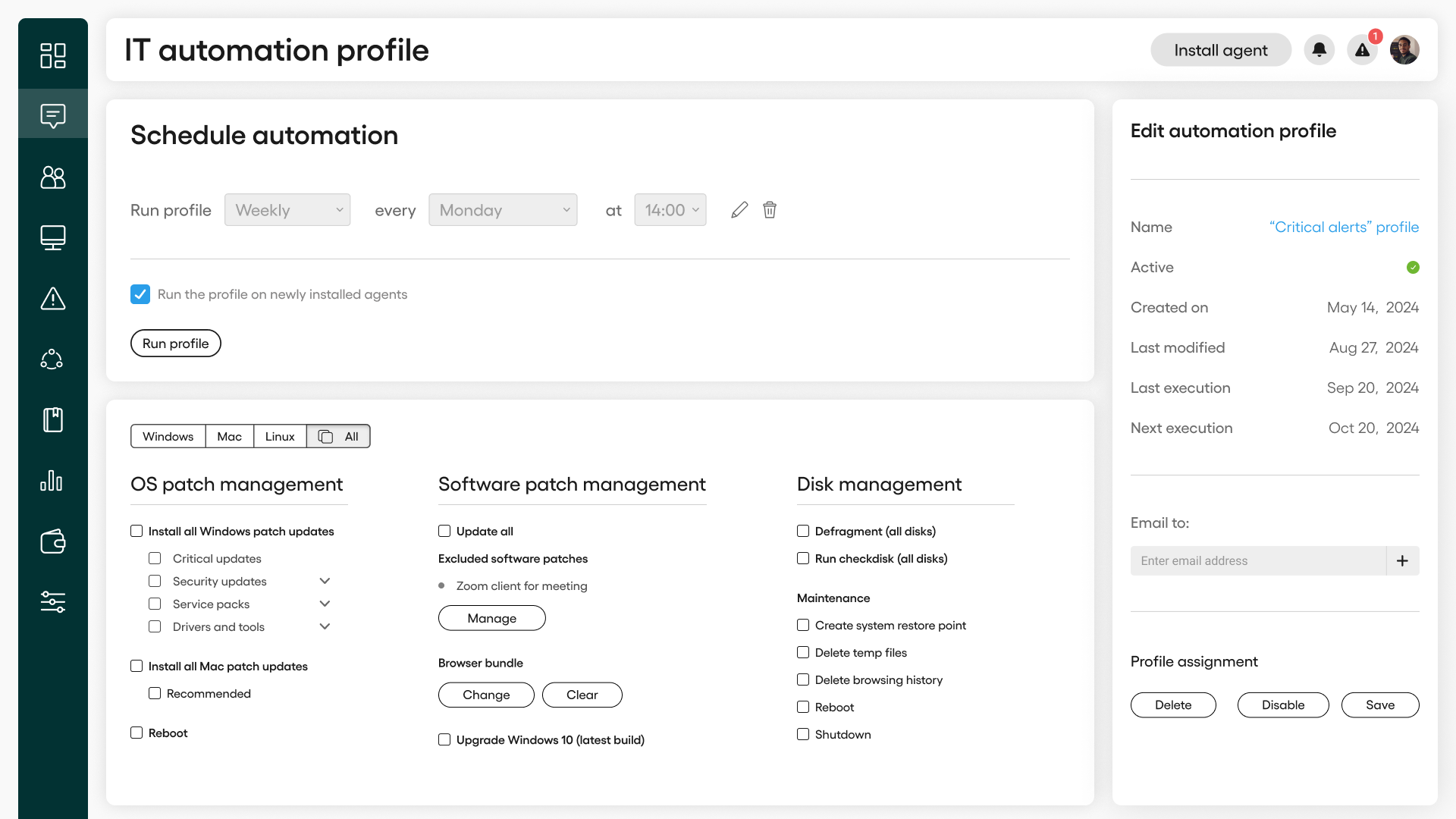 A screenshot of the interface for setting up automations with Atera