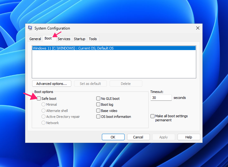 Boot tab in msconfig Boot tab in msconfig