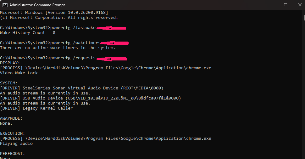 CMD command to show requests and wake timers