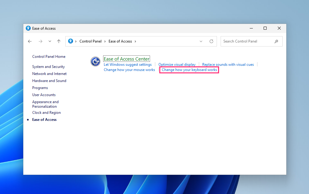 Change how keyboard works in control panel Change how keyboard works in control panel