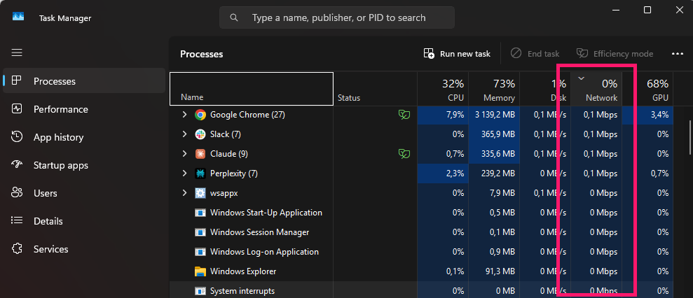 Check Network column in Task Manager Check Network column in Task Manager