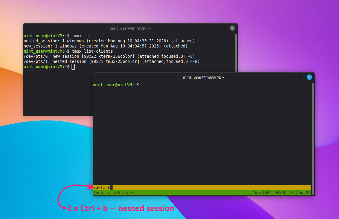 Detatch a nested session with detatch command Detatch a nested session with detatch command