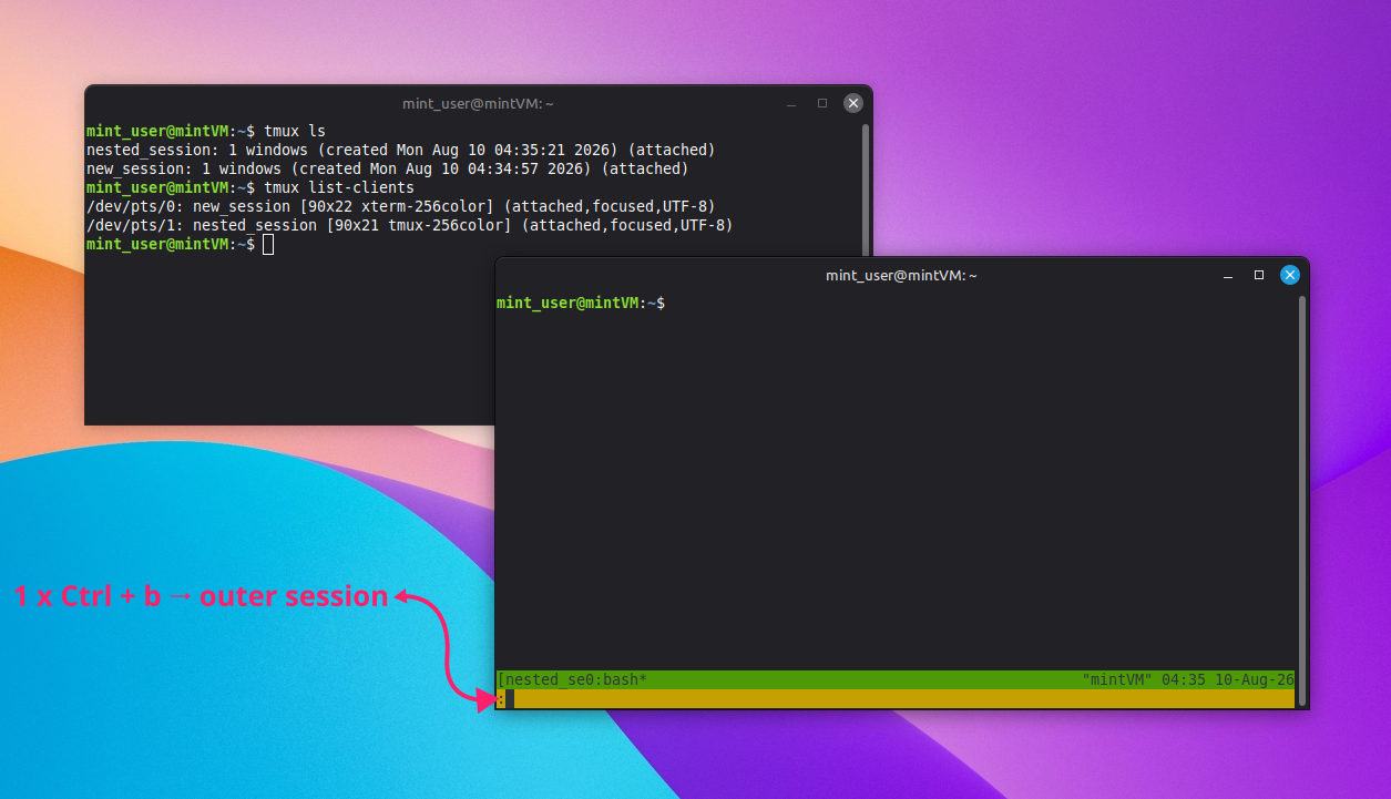 Detatch a nested tmux session ctrl + b + d Detatch a nested tmux session ctrl + b + d