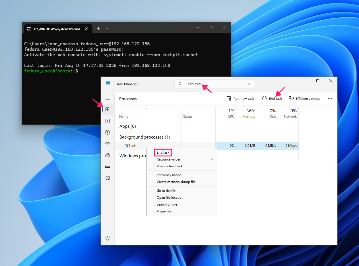 End SSH client through Task Manager