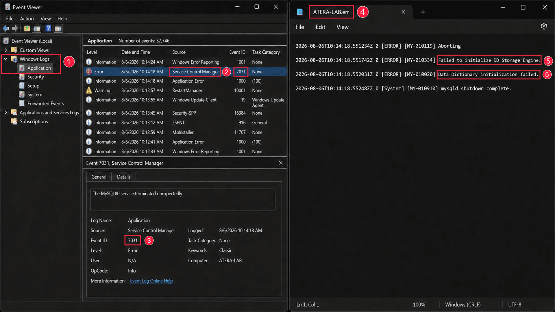 Event viewer logs for MySQL