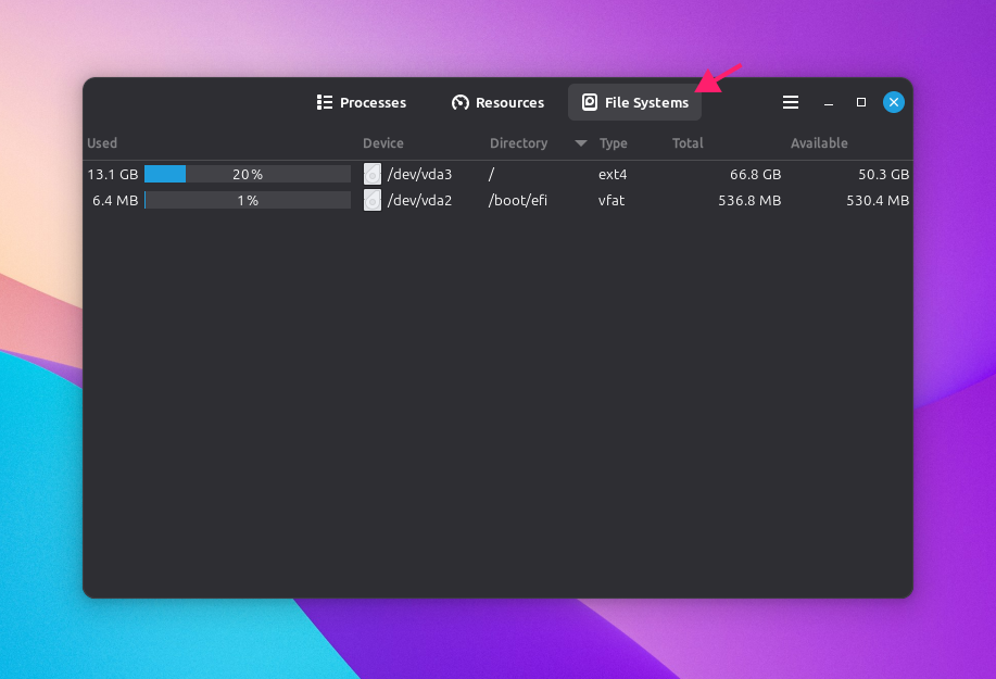 File systems tab in System Monitor File systems tab in System Monitor