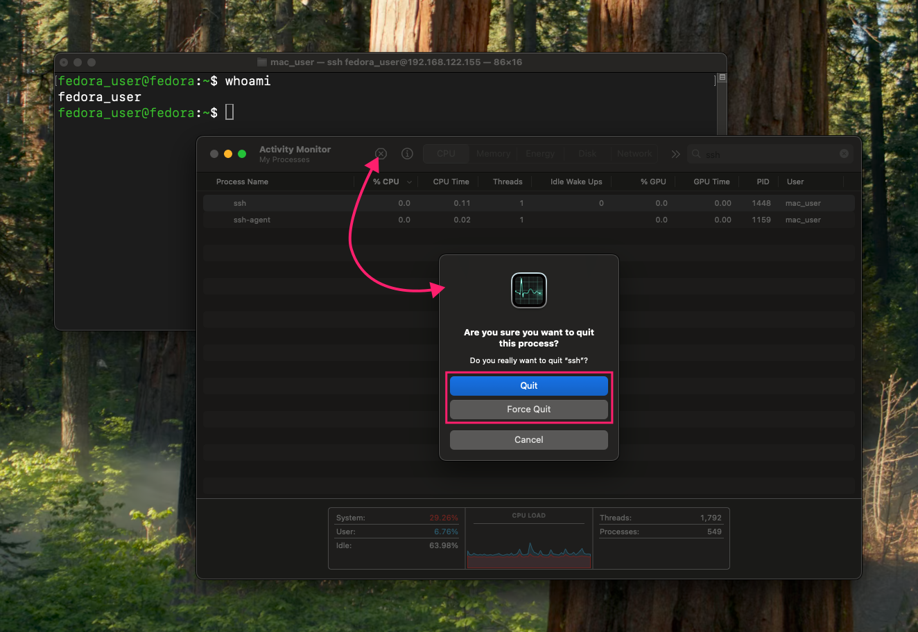 Force quit SSH on macOS Activity Monitor