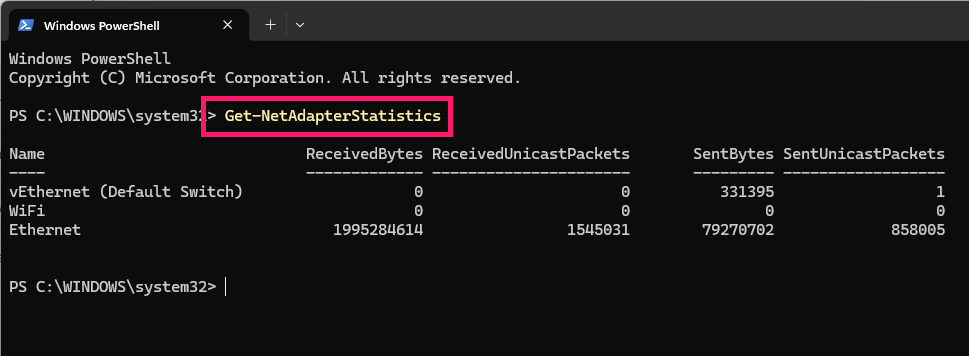 Get adapter stats command in PowerShell Get adapter stats command in PowerShell