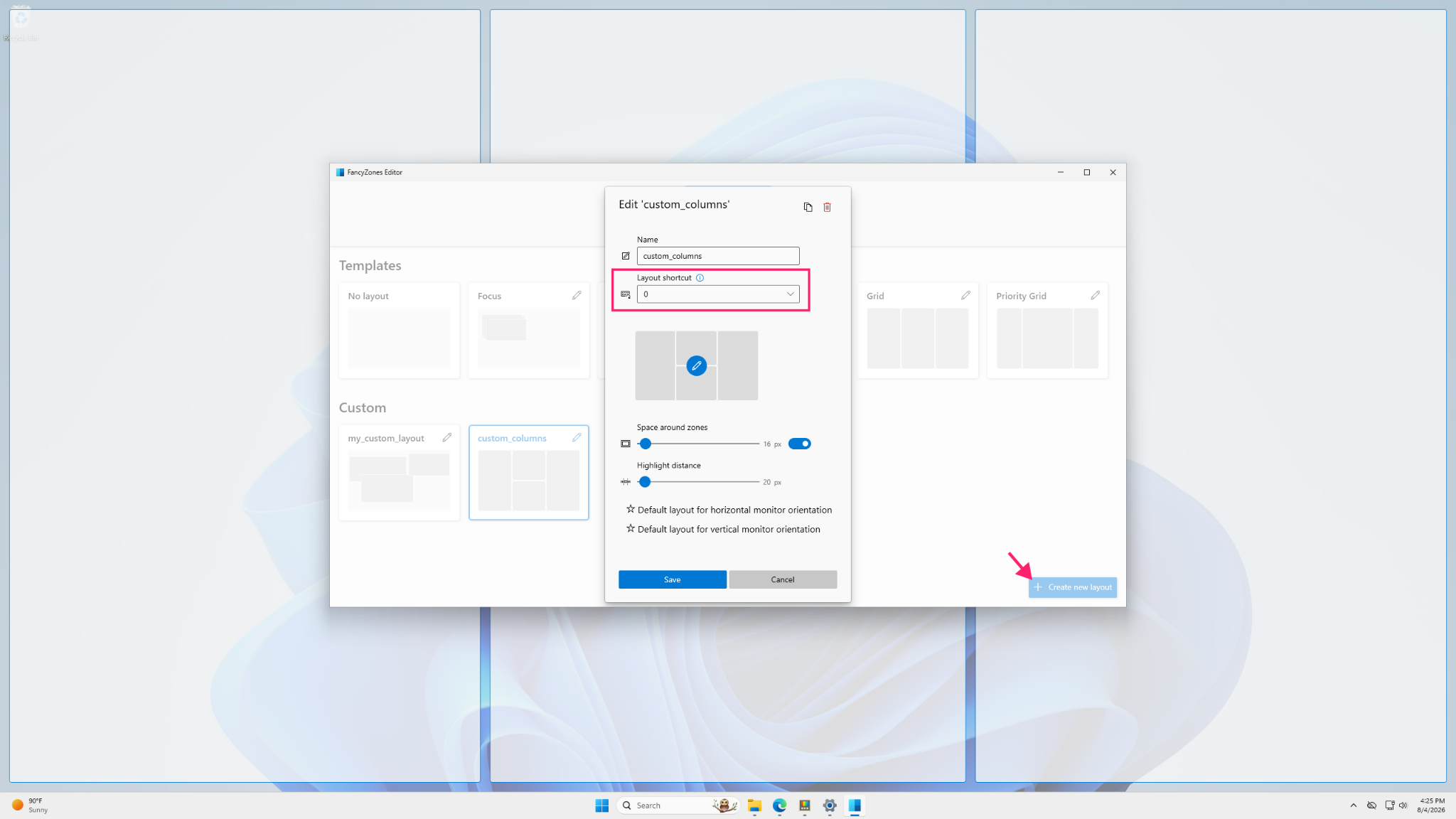 Layout shortcut in FancyZones
